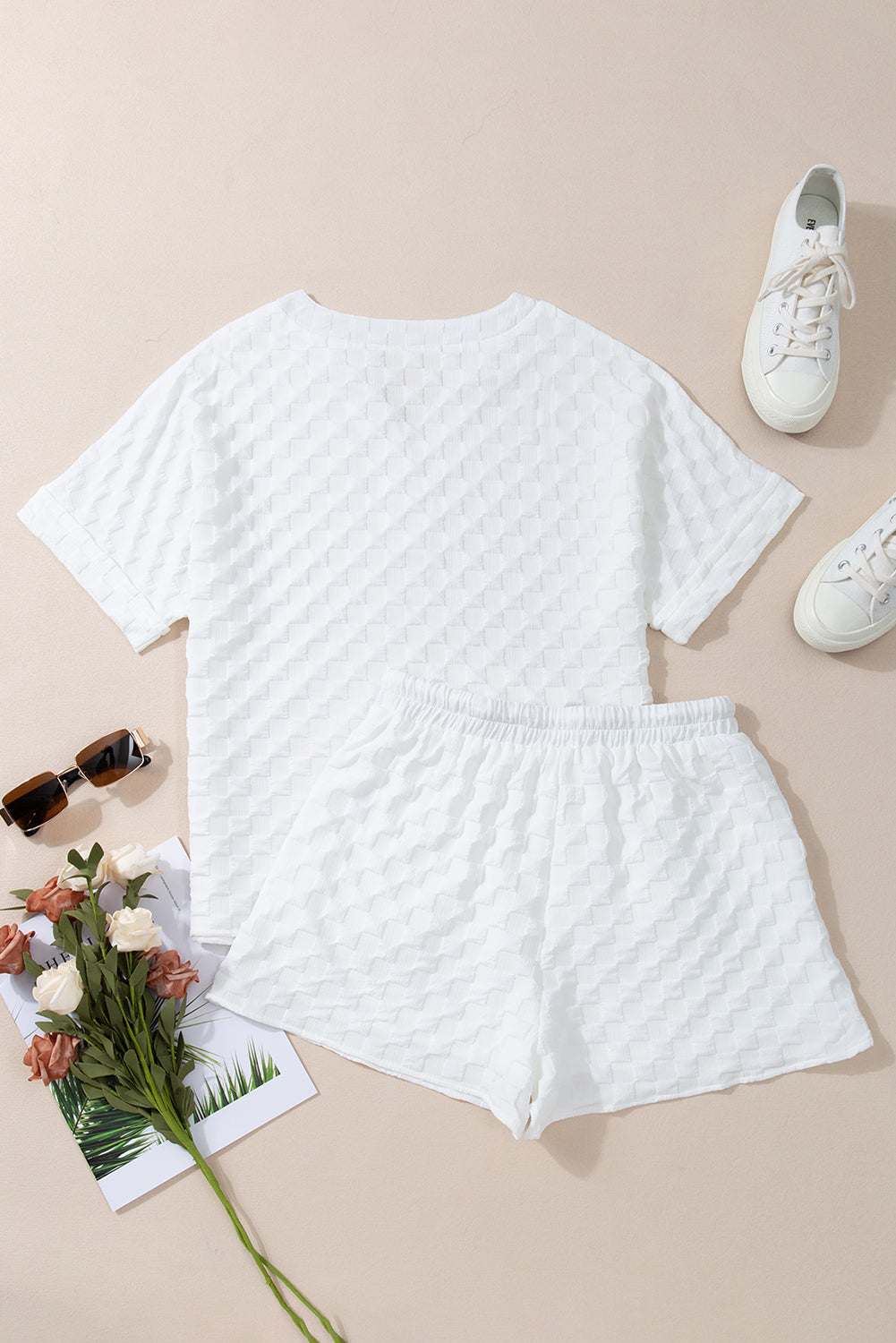 White Textured Split Neck Top and Drawstring Shorts Set