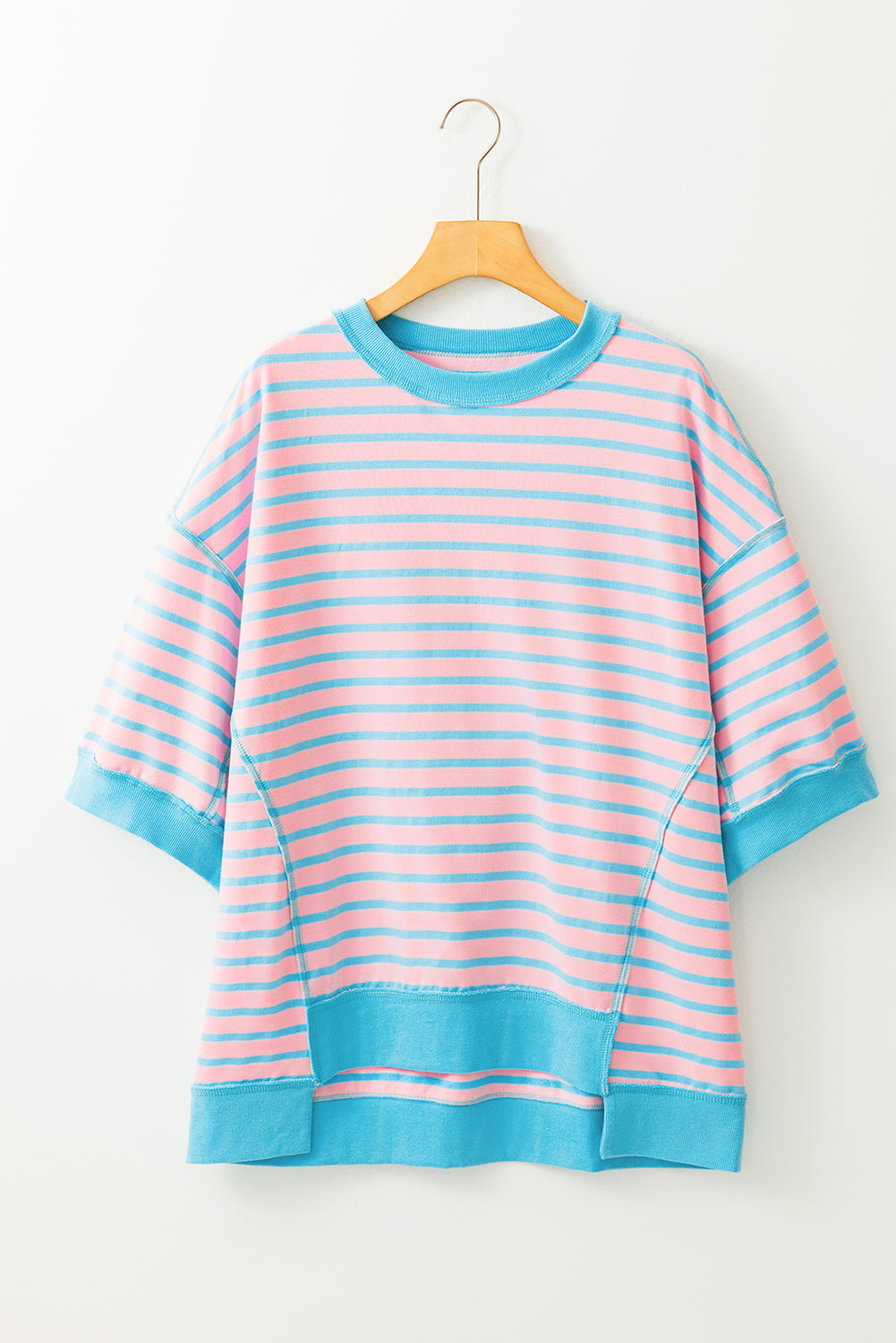 Black Stripe Oversized Contrast Trim Exposed Seam High Low T Shirt