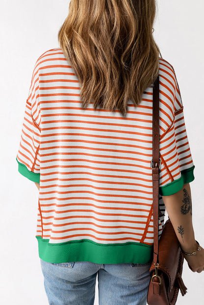 Multicolour Oversized Contrast Trim Exposed Seam High Low T Shirt