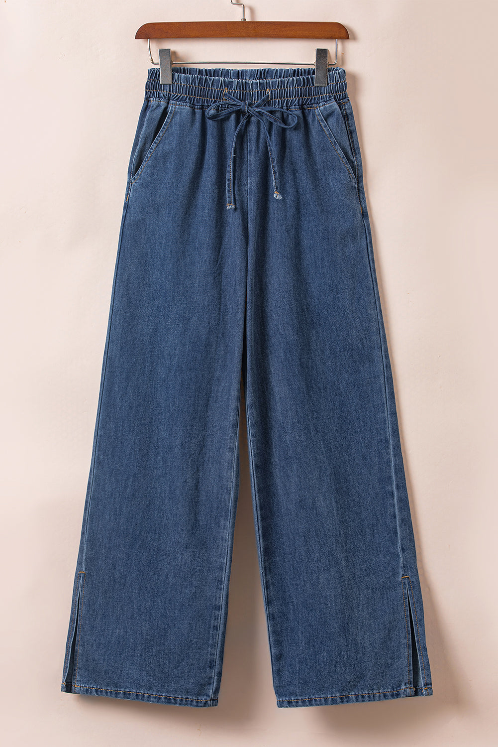 Medium Grey Drawstring Elastic Waist Wide Leg Jeans