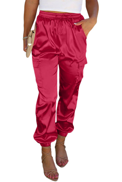 Rose Satin Pocketed Drawstring Elastic Waist Pants