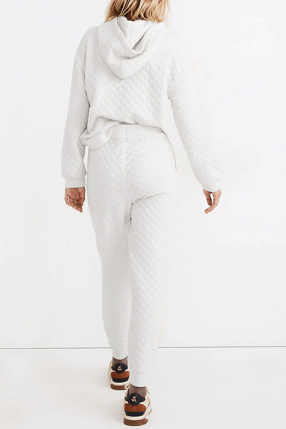 White Quilted Hoodie and Sweatpants Two Piece Set