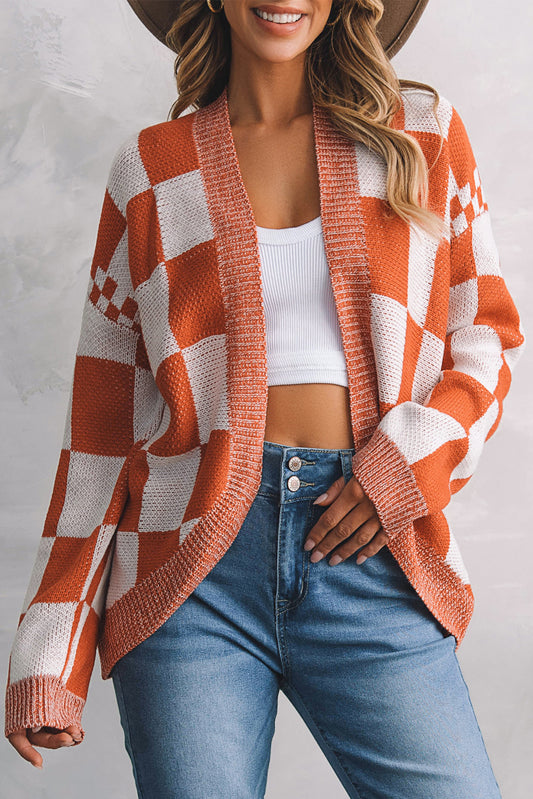 Chestnut Mix Checkered Open Front Knit Cardigan