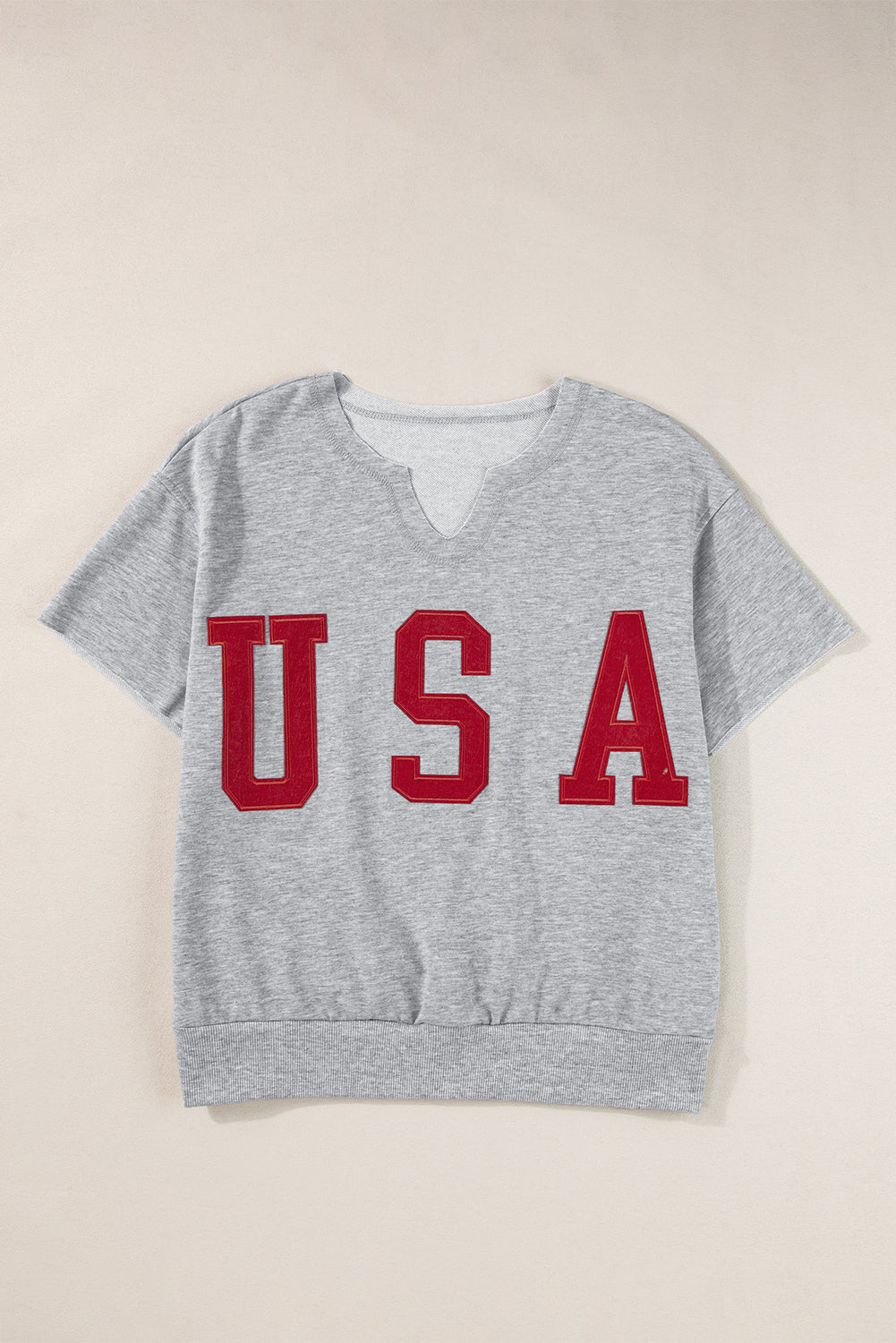 Black USA Lettering Patch Notched Neck Loose Tee