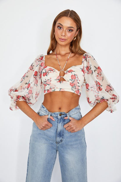 Chiffon Balloon Sleeved Bustier Crop Top