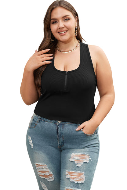 Black Plus Size Zipper Front Racerback Ribbed Tank Top