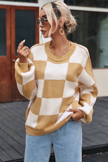 Khaki Checkered Bishop Sleeve Sweater