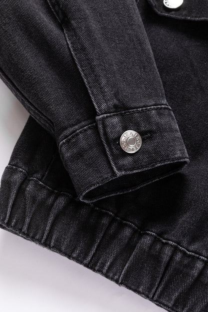 Black Metal Buttons Flap Pocket Drop Shoulder Denim Jacket