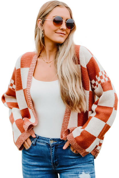 Chestnut Mix Checkered Open Front Knit Cardigan