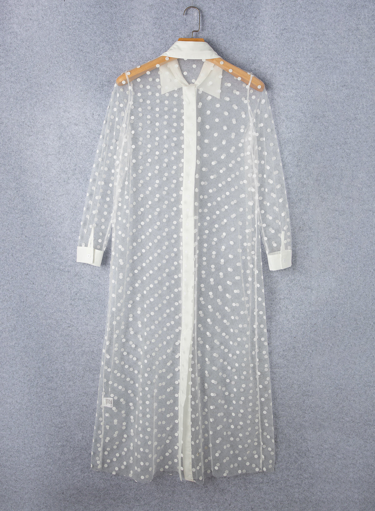 White Polka Dot Print Collared Buttoned Mesh Duster Kimono