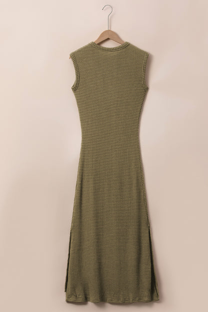 Jungle Green Waffle Knit Sleeveless Long Dress with Slits