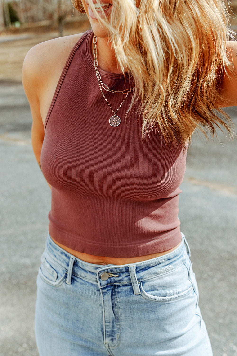 Dark Blue Ribbed Knit Racerback Crop Top