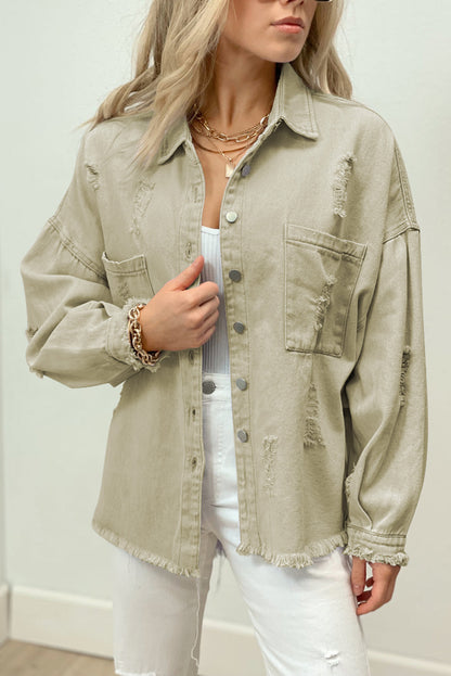 Green Distressed Fringe Trim Denim Jacket