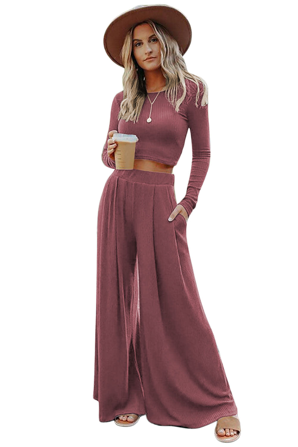 Gray Solid Color Ribbed Crop Top Long Pants Set