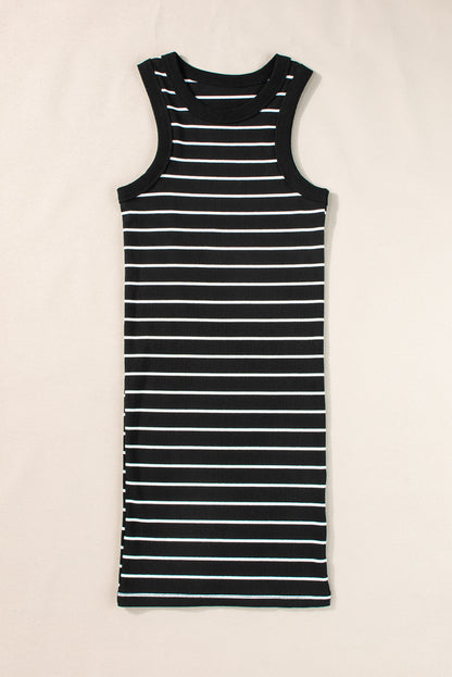 White Stripe Ribbed Knit Tank Mini Dress