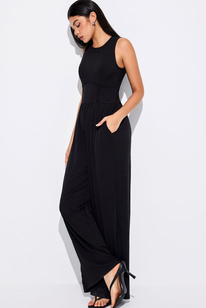 Medium Grey Cinched Waist Sleeveless Wide Leg Jumpsuit