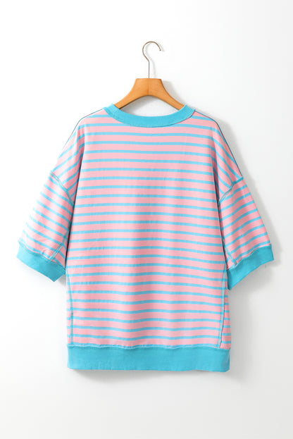 Black Stripe Oversized Contrast Trim Exposed Seam High Low T Shirt