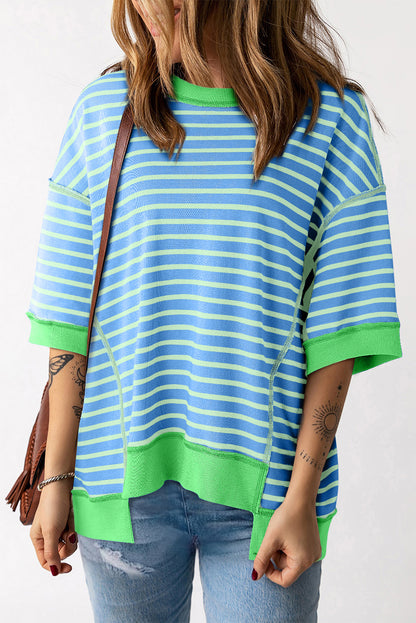 Multicolour Oversized Contrast Trim Exposed Seam High Low T Shirt