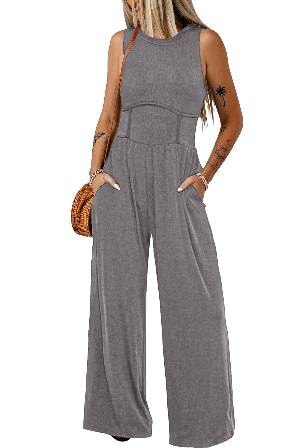 Medium Grey Cinched Waist Sleeveless Wide Leg Jumpsuit