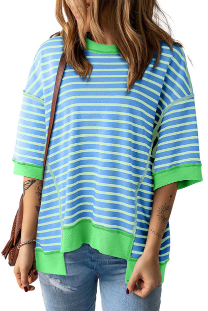 Multicolour Oversized Contrast Trim Exposed Seam High Low T Shirt