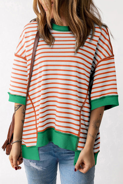 Multicolour Oversized Contrast Trim Exposed Seam High Low T Shirt