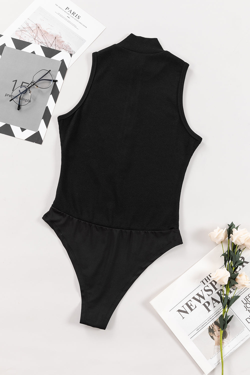 Black Zip up Mock Neck Ribbed Sleeveless Bodysuit