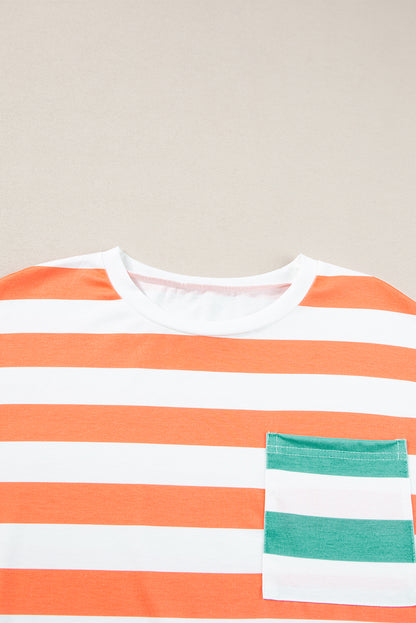 Blue Stripe Contrast Patch Pocket Drop Sleeve T Shirt