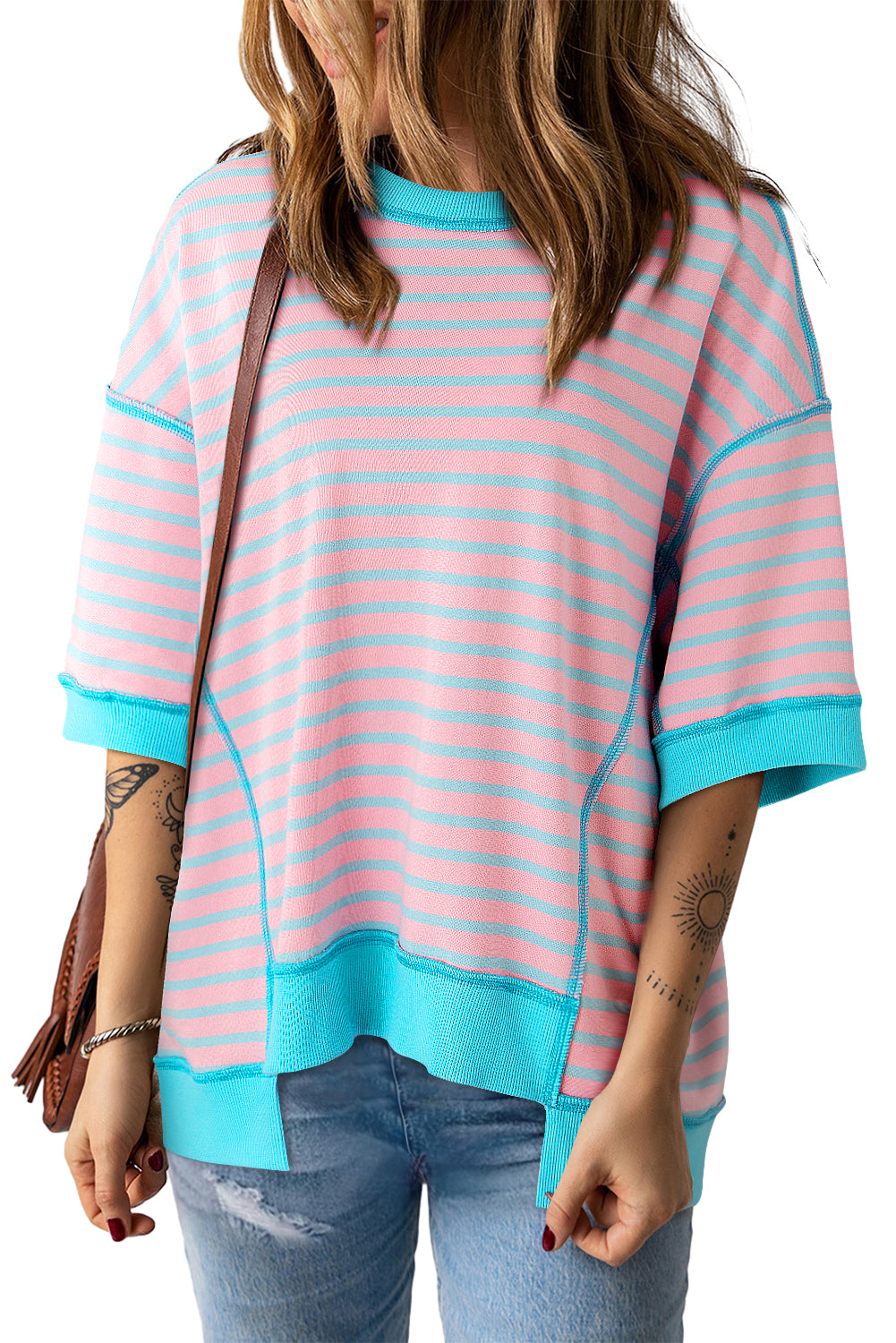 Black Stripe Oversized Contrast Trim Exposed Seam High Low T Shirt