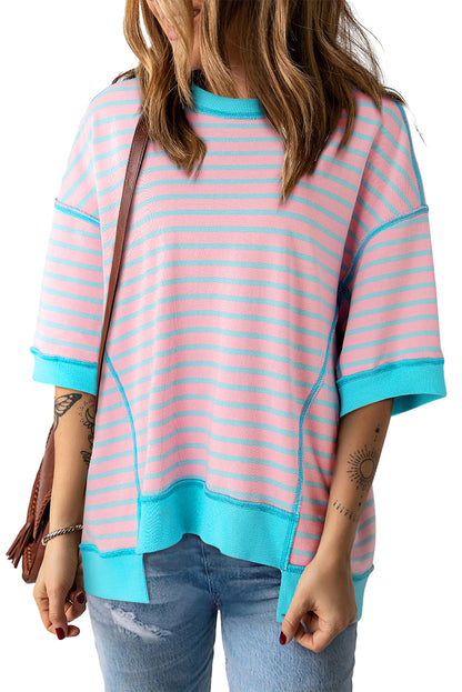 Black Stripe Oversized Contrast Trim Exposed Seam High Low T Shirt