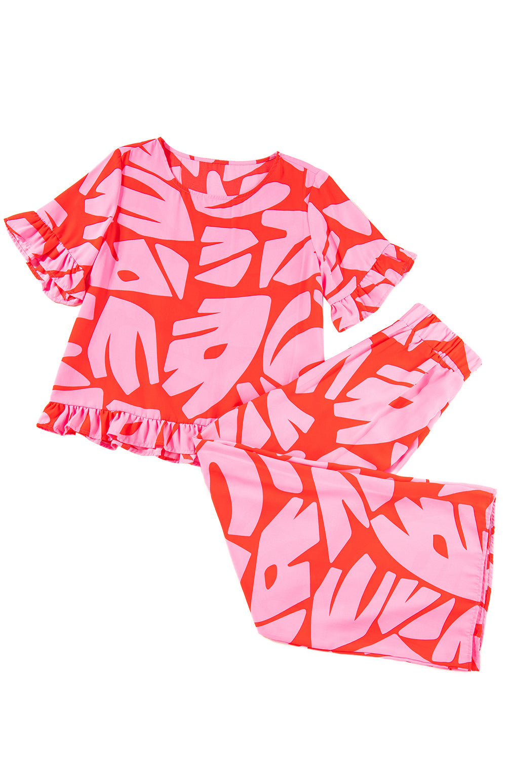 Strawberry Pink Abstract Palm Printed Ruffled Top and Wide Leg Pants Set