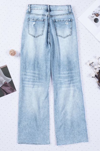 Sky Blue Distressed Hollow-out Knees Wide Leg Jeans