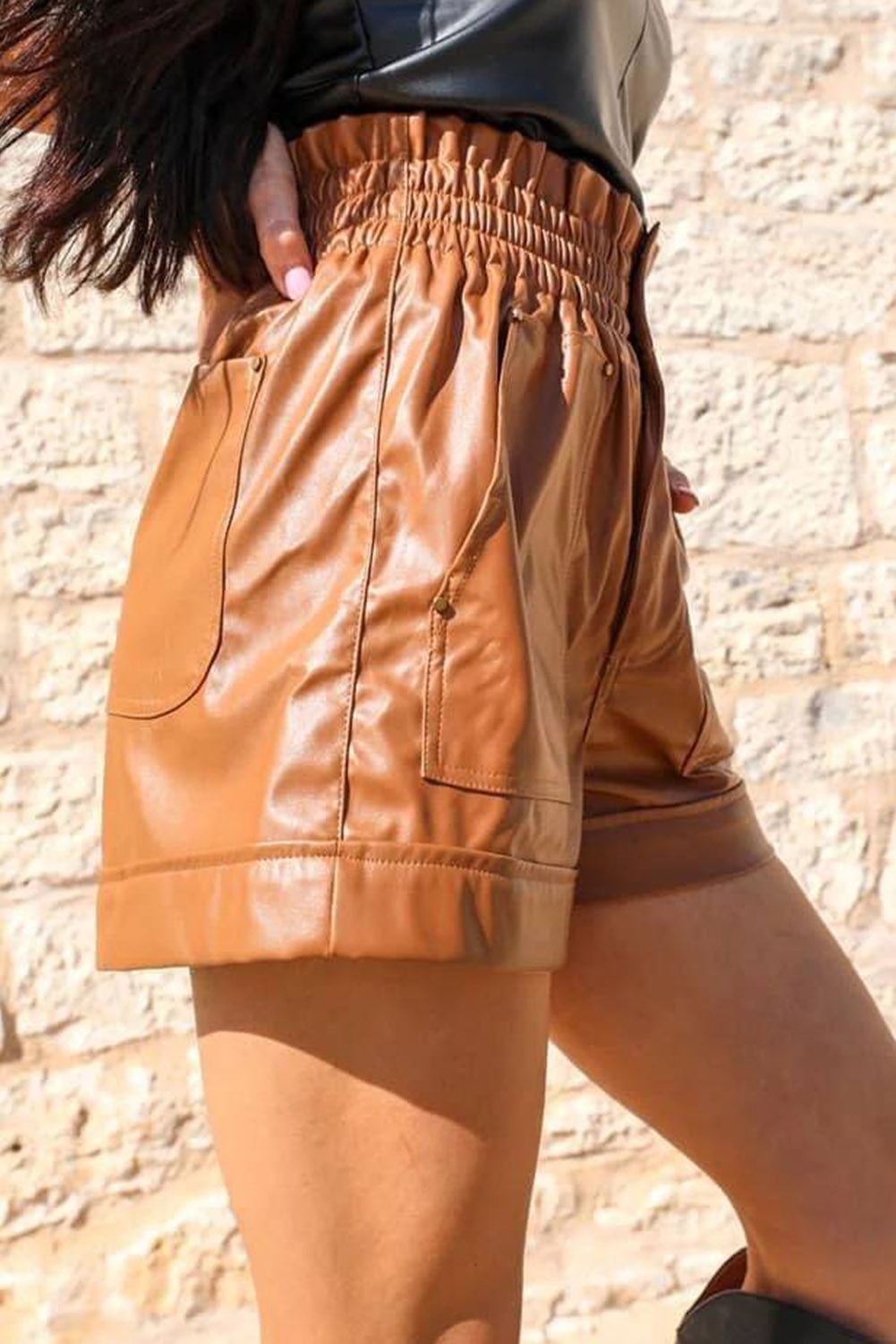 Brown Patch Pockets Faux Leather High Rise Shorts