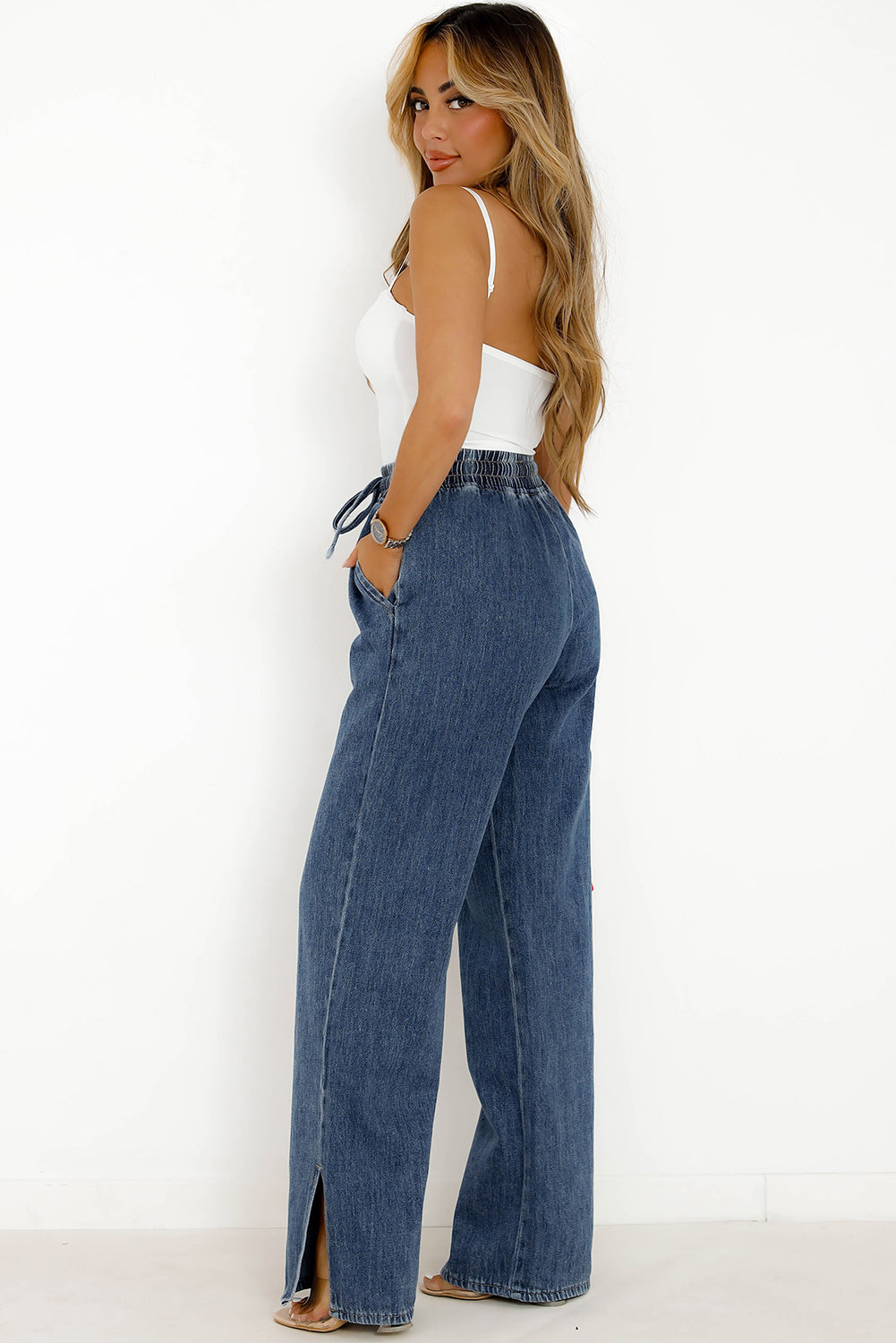 Medium Grey Drawstring Elastic Waist Wide Leg Jeans