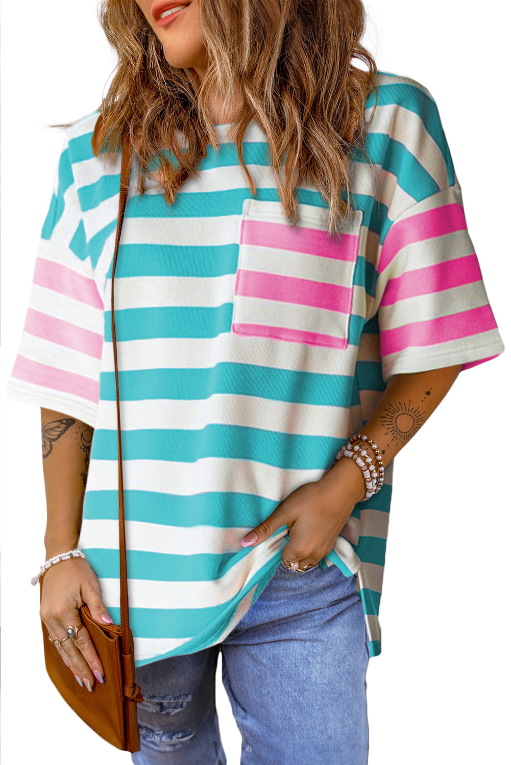 Blue Stripe Contrast Patch Pocket Drop Sleeve T Shirt