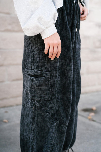 Black Mineral Wash Textured Drawstring Wide Leg Pants