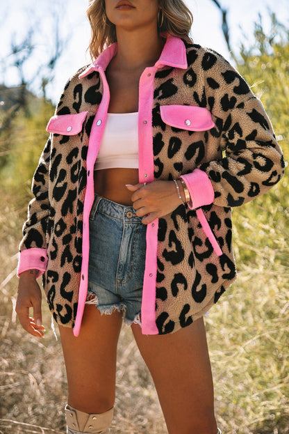 Black Contrast Trimmed Leopard Teddy Shacket