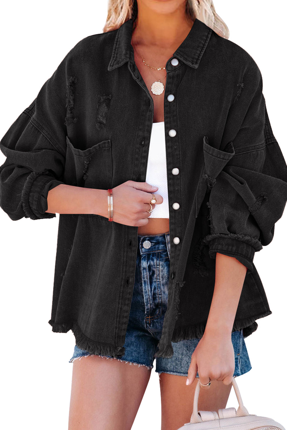 Green Distressed Fringe Trim Denim Jacket