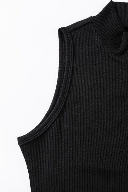 Black Zip up Mock Neck Ribbed Sleeveless Bodysuit