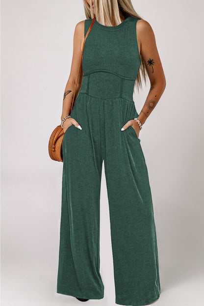 Medium Grey Cinched Waist Sleeveless Wide Leg Jumpsuit