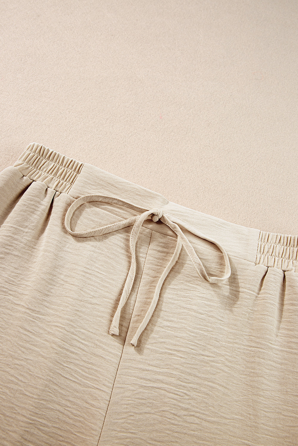 Beige Crinkled Elastic Hem Crop Tee and Wide Leg Pants Set