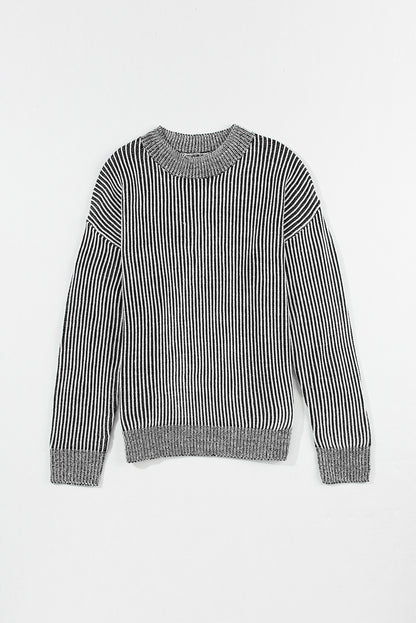 Striped Print Ribbed Trim Round Neck Sweater