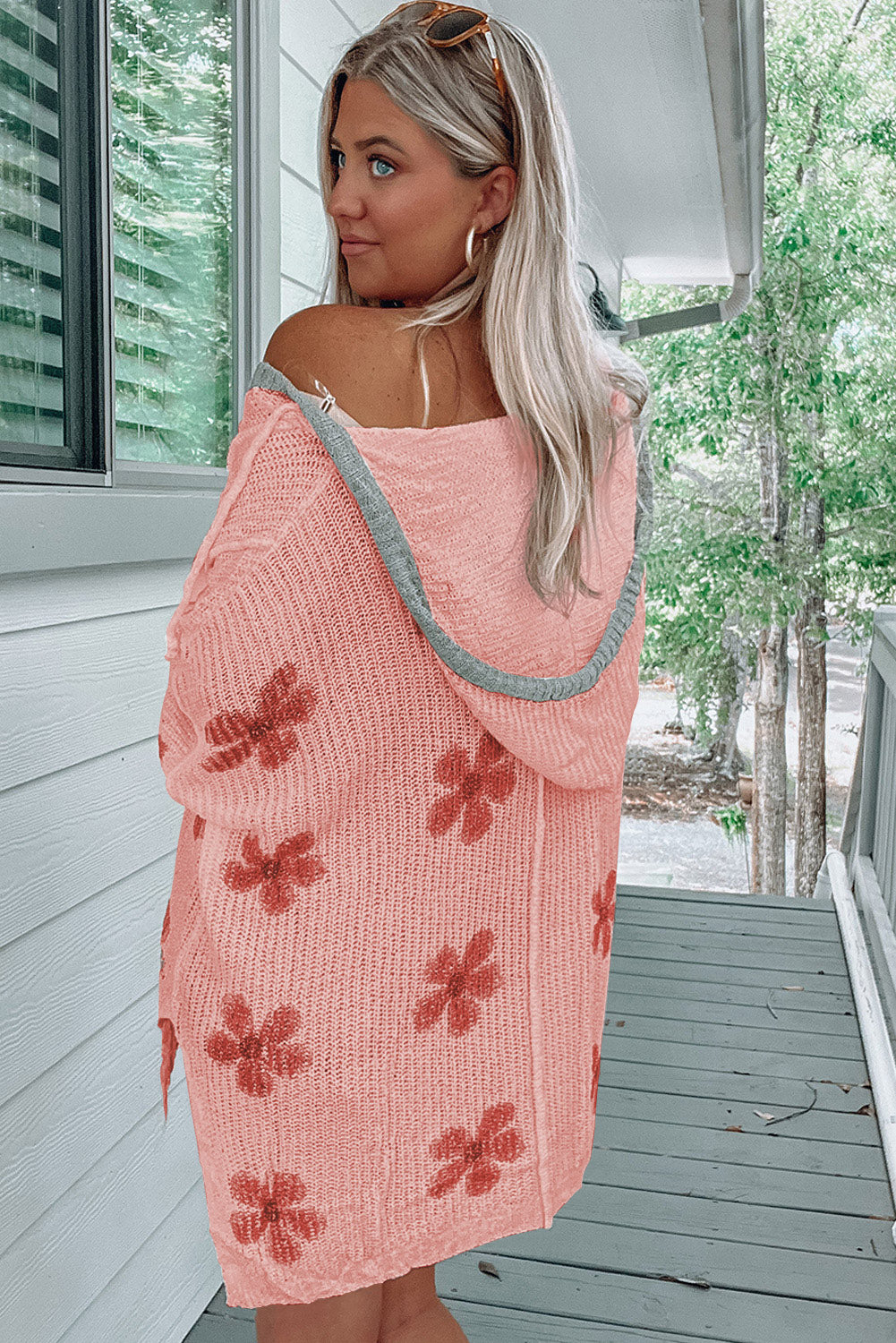 White Floral Print Lightweight Knit Hooded Sweater