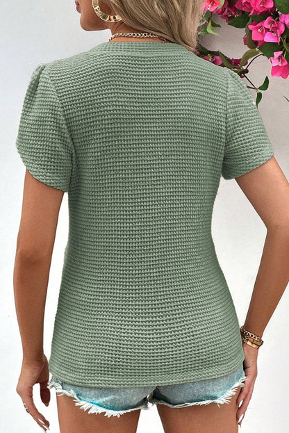 Mist Green V Neck Petal Sleeve Waffle Knit T-Shirt