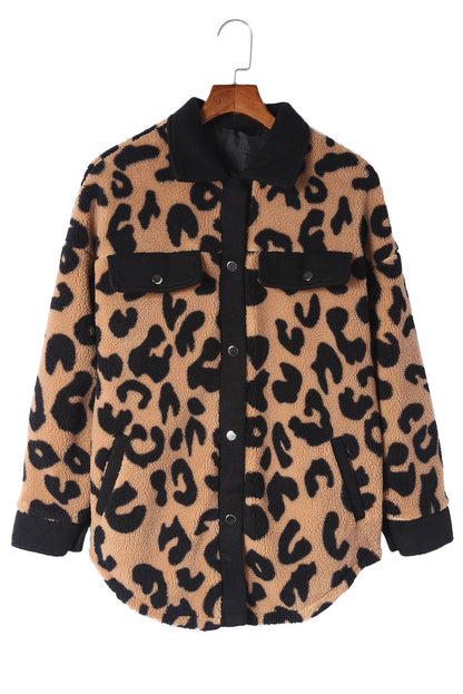 Black Contrast Trimmed Leopard Teddy Shacket