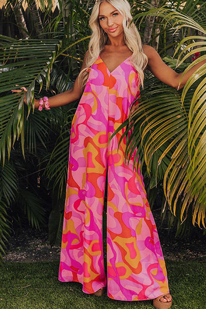 Pink Boho Abstract Print V Neck Wide Leg Jumpsuit