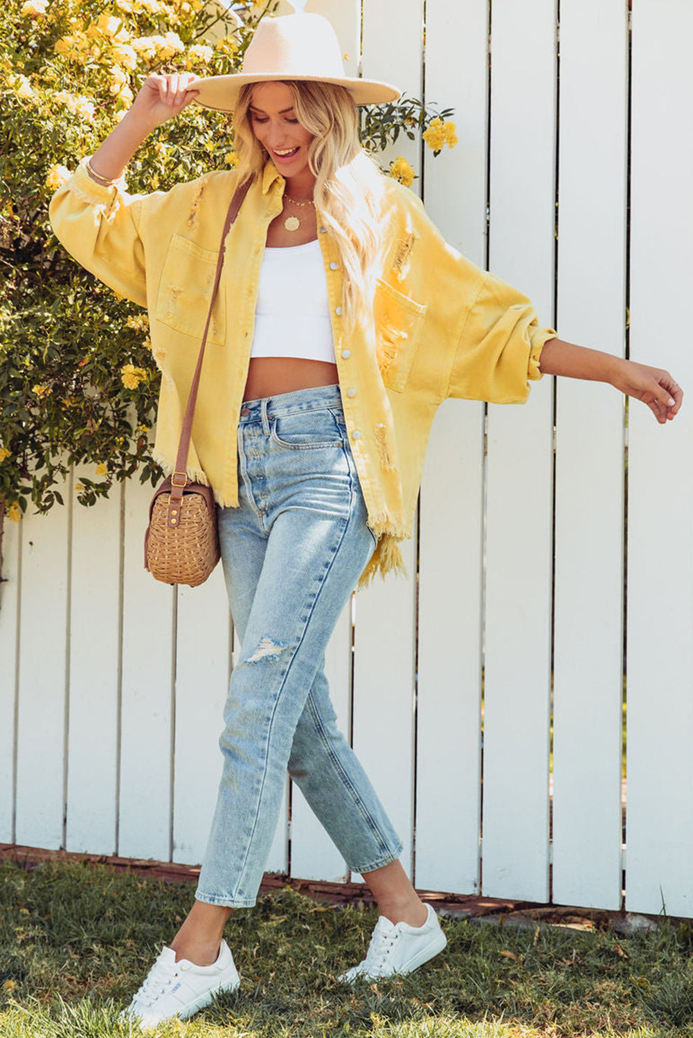 Green Distressed Fringe Trim Denim Jacket