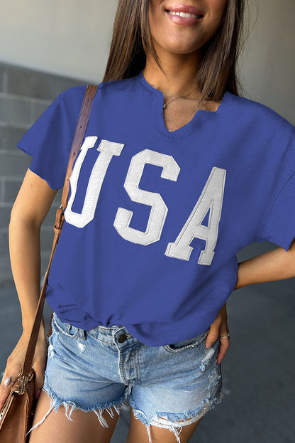 Black USA Lettering Patch Notched Neck Loose Tee