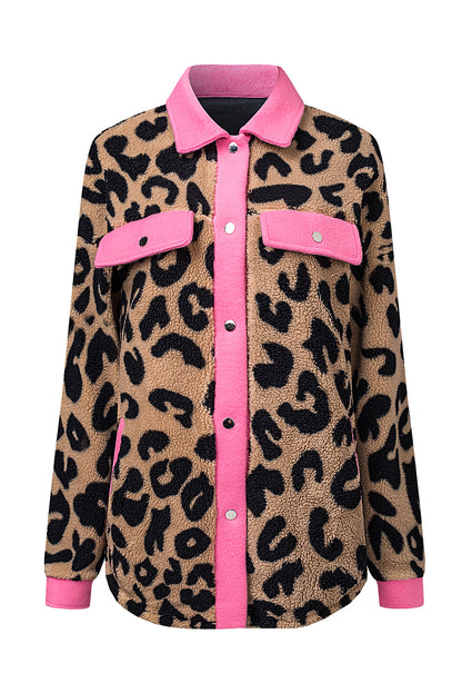 Black Contrast Trimmed Leopard Teddy Shacket