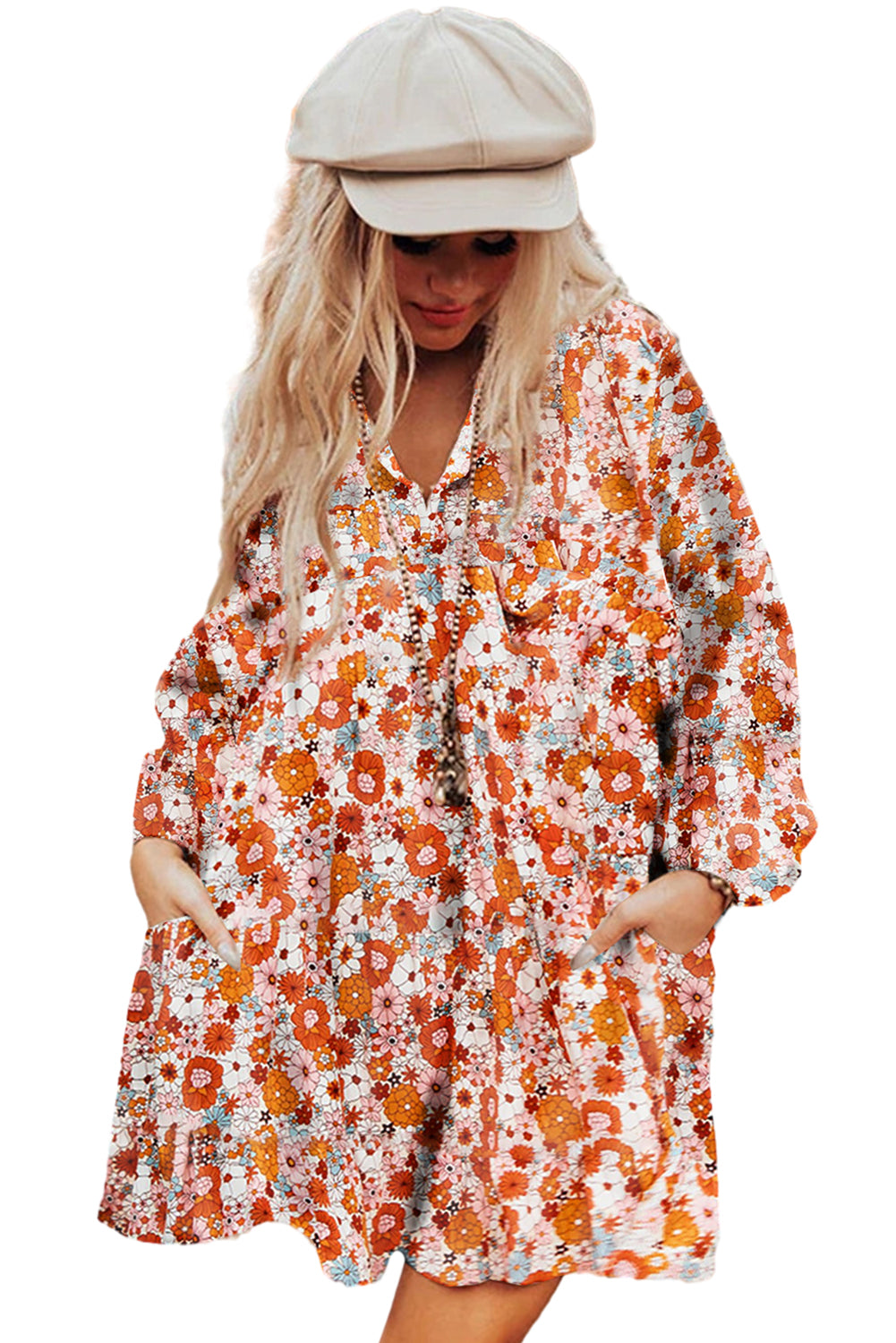 Orange Printed Split Neck Floral Pocketed Shift Dress