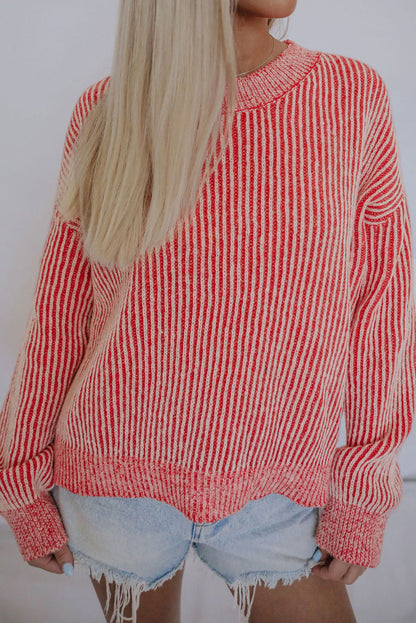 Striped Print Ribbed Trim Round Neck Sweater